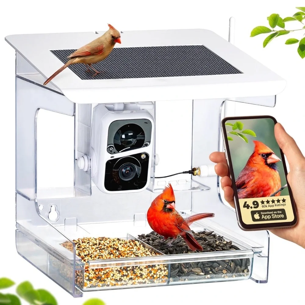 Bird Feeder Smart Camera Nest-Flix/Clear/Charging panel on top. Nature Anywhere.